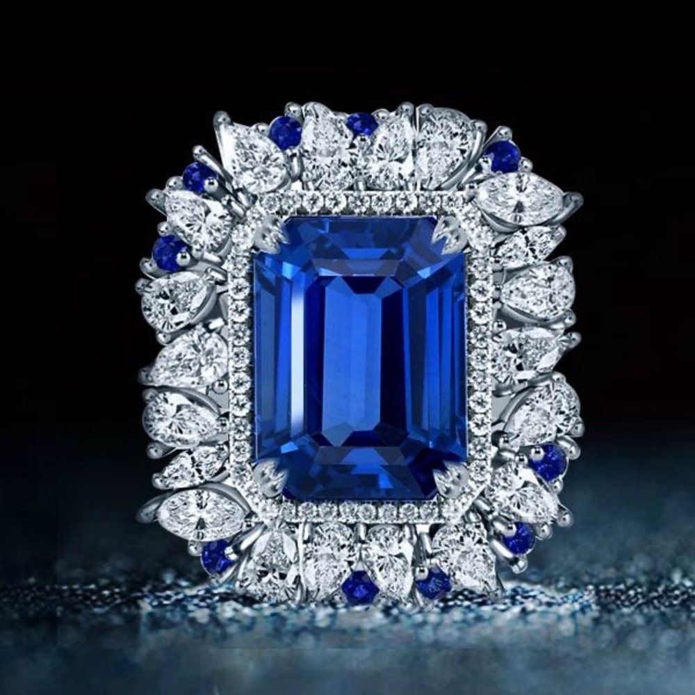 Simulated sapphire diamond sterling silver ring